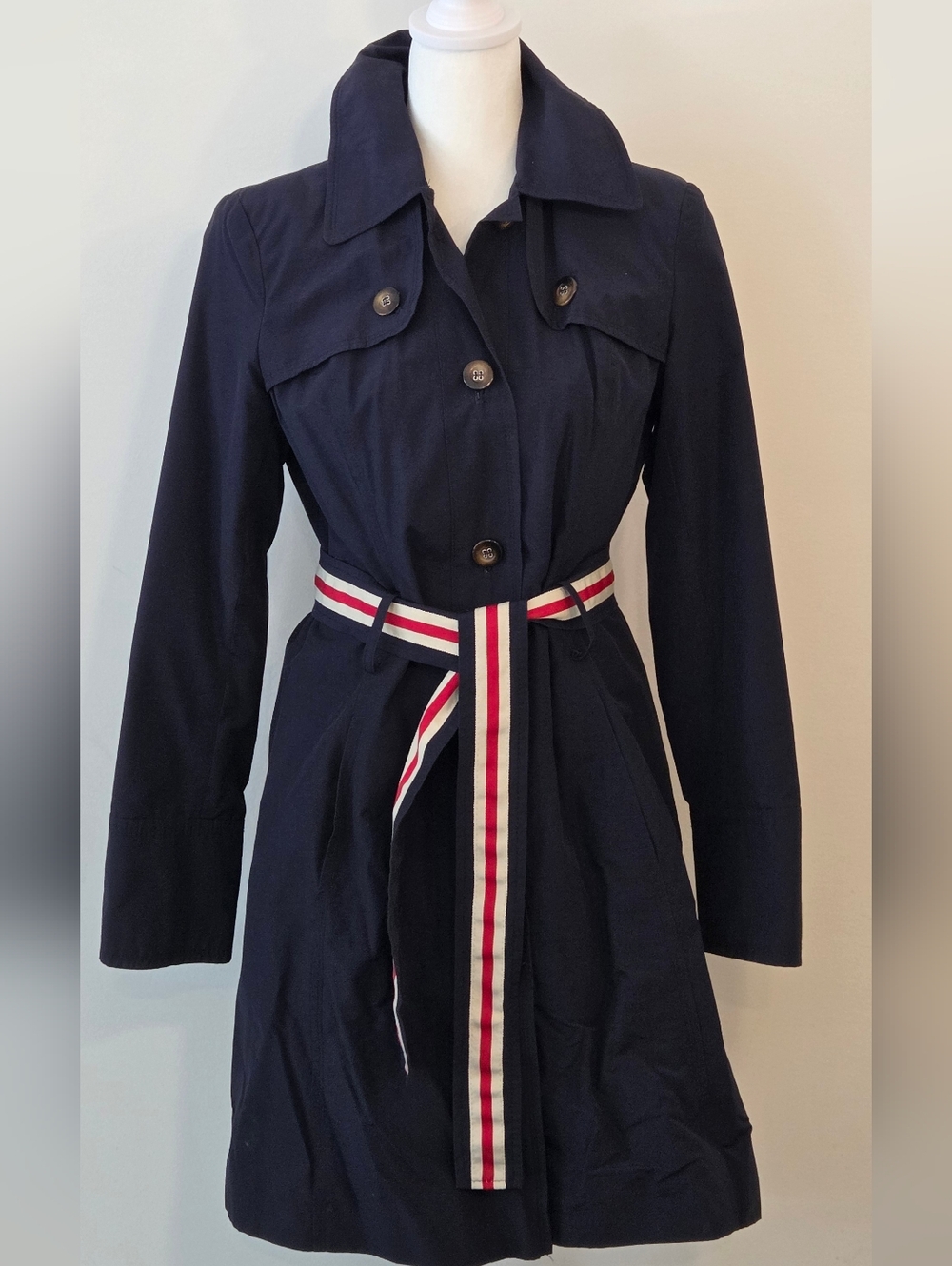 Tommy Hilfiger Navy Trench Coat with Red-White-Blue Striped Belt